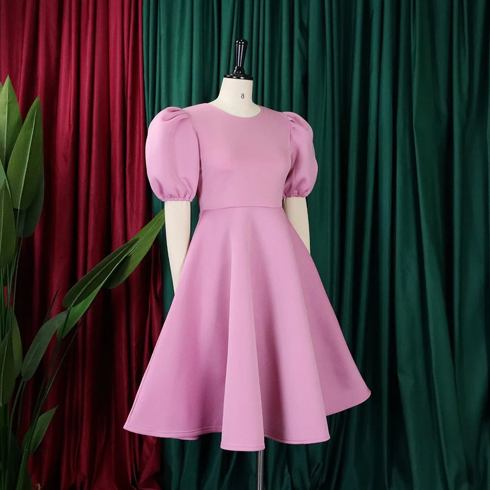 🍒Elegant dresses for woman o neck short sleeve outfit for birthday party high waisted pleated puff sleeves female fashion wear occasion wear evening party wear mid calf luxury B'day Bopper Beauty Babe