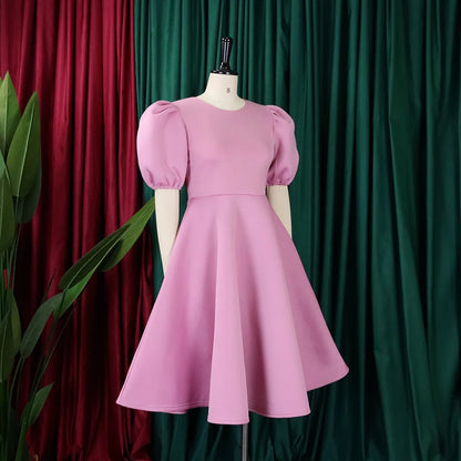🍒Elegant dresses for woman o neck short sleeve outfit for birthday party high waisted pleated puff sleeves female fashion wear occasion wear evening party wear mid calf luxury B'day Bopper Beauty Babe
