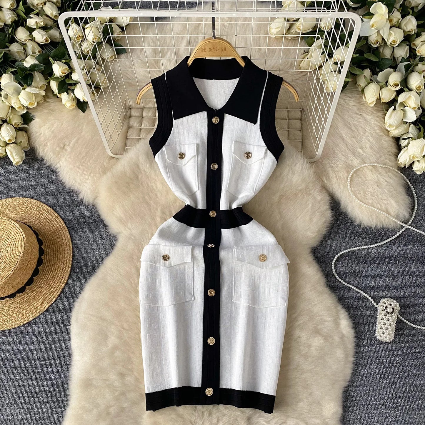 🍒knitted mini dress bodycon  sleeveless outfit shirt dress smart casual knitwear women summer fashion