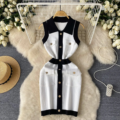 🍒knitted mini dress bodycon  sleeveless outfit shirt dress smart casual knitwear women summer fashion