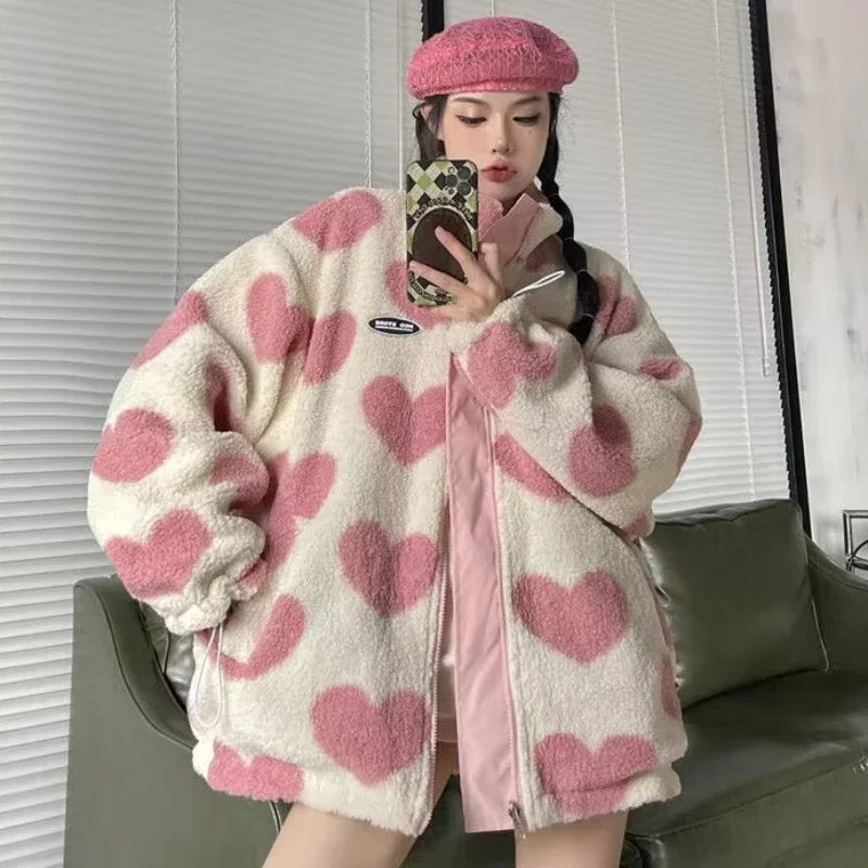 🍒Fashion Stand-up Collar OutwearFaux lambswool fur jacket women's warm coat autumn winter outerwear for women heart print stand collar coat Ya Hearts Printed On This