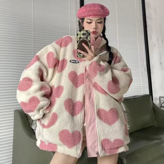 🍒Fashion Stand-up Collar OutwearFaux lambswool fur jacket women's warm coat autumn winter outerwear for women heart print stand collar coat Ya Hearts Printed On This