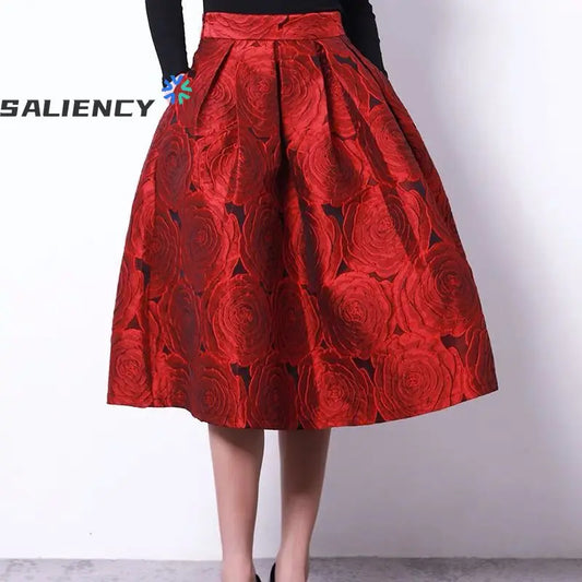 🍒High waist puffy skirt rose red floral clothing feminine fashion smart casual women’s vintage clothes wear knee-length a-line occasion wear fashion A- Rose For A Rose