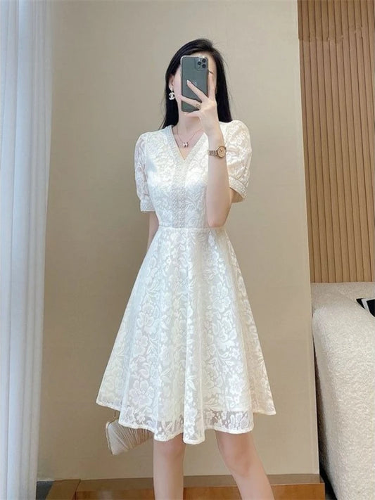 🍒Dress special occasion outfits women midi frock in white colour lace one-piece elegant chic  summer fashion plus size clothing