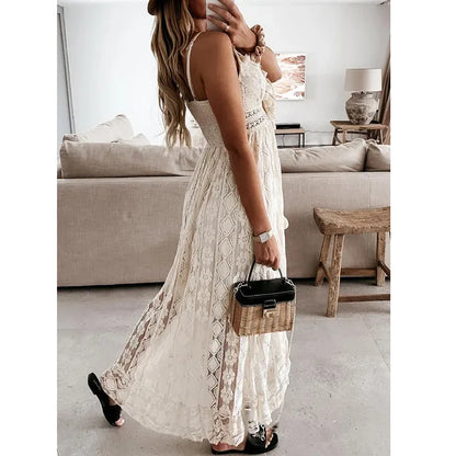 🍒Sleeveless lace dress spaghetti straps camisole long mesh outfit v-neck loose summer fashion for women tassel loose beach wear for women solid colour holiday wear Do A Spot Of Sunbathing In  Beachy Lace