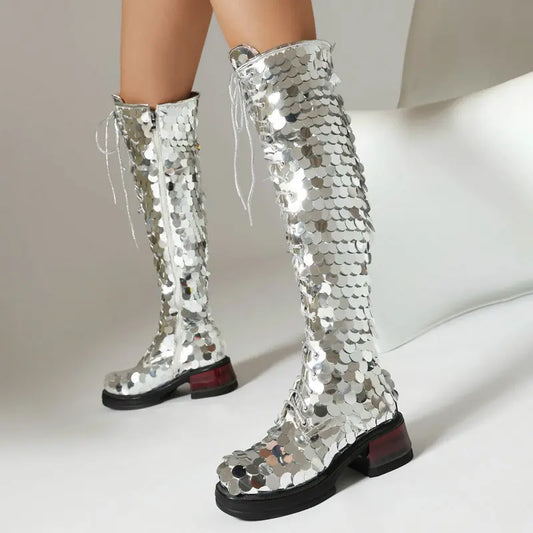🍒Womens chumky boots over the knee zipped thick bottom sequined boots silver 5CM block heel club party long metalic footwear round toe plus size Road Block Blocks