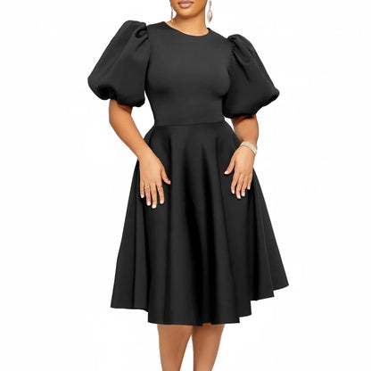 🍒Elegant dresses for woman o neck short sleeve outfit for birthday party high waisted pleated puff sleeves female fashion wear occasion wear evening party wear mid calf luxury B'day Bopper Beauty Babe