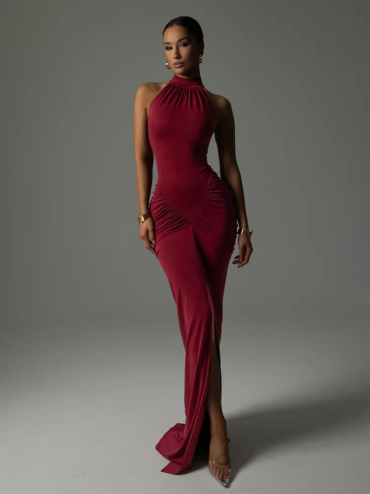 🍒Ahagaga Party Women's Maxi Dresses Sexy Solid Turtleneck Halter Sheath Folds Fashion Split Slim Fit Bodyson Sleeveless Vestidos