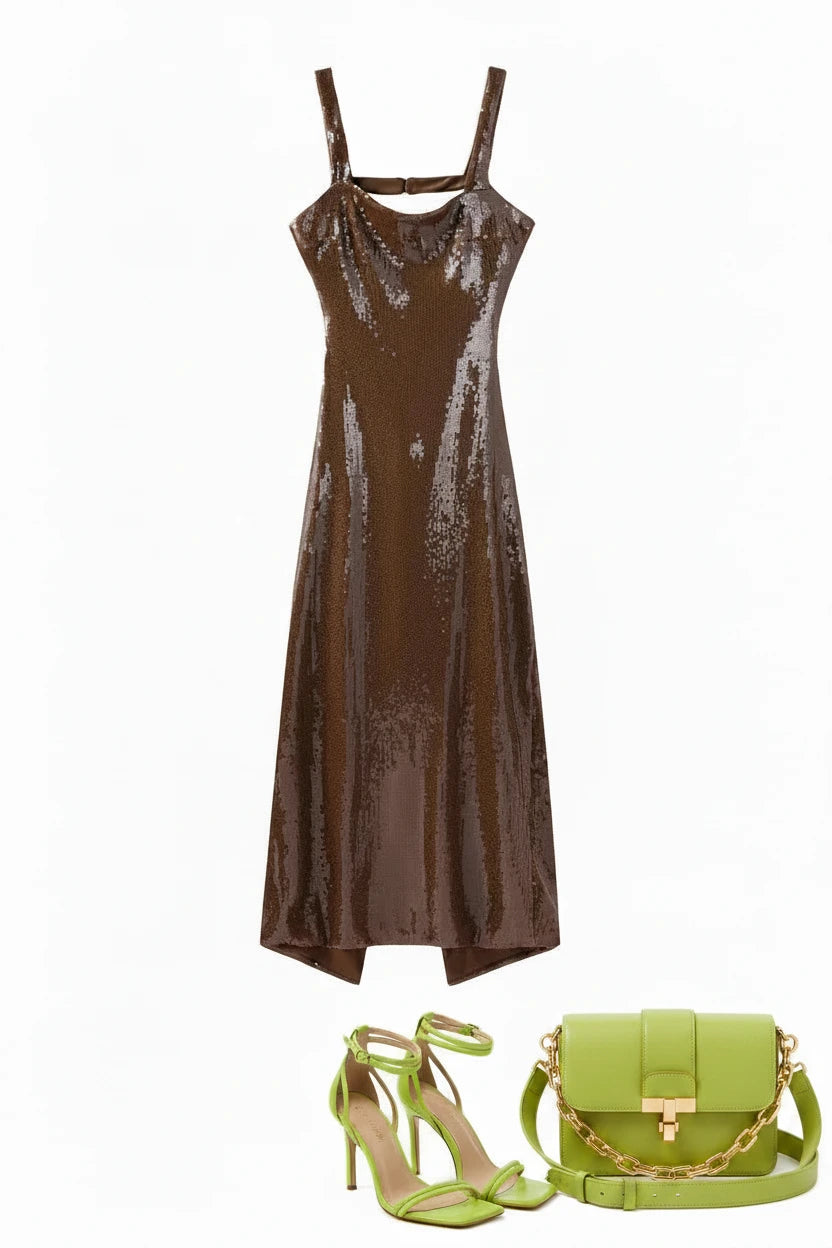 🍒Square neck maxi dress long women sleeveless backless outfit  sequin smart casual women ladies Party wear occasion clothing Show Off Shiny