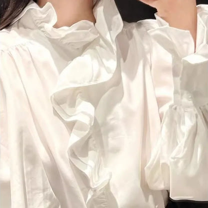 🍒French white ruffle blouse women long sleeve asymmetrical stand collar chic shirt retro pleated office commuter soft sweet tops occasion clothing smart casual wear Balance Ruffles In Your purse with this Asymetric