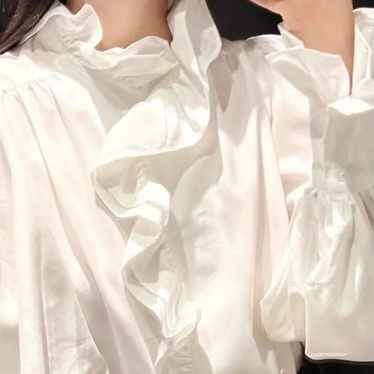 🍒French white ruffle blouse women long sleeve asymmetrical stand collar chic shirt retro pleated office commuter soft sweet tops occasion clothing smart casual wear Balance Ruffles In Your purse with this Asymetric