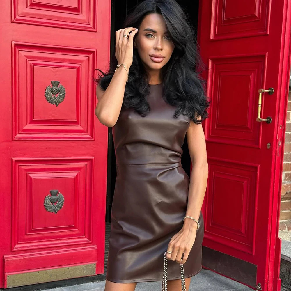 🍒Skinny leather dress round neck short dress for women solid retro pu short Y2k outfit high waist party night fashion evening  occasion wear Fit Leather