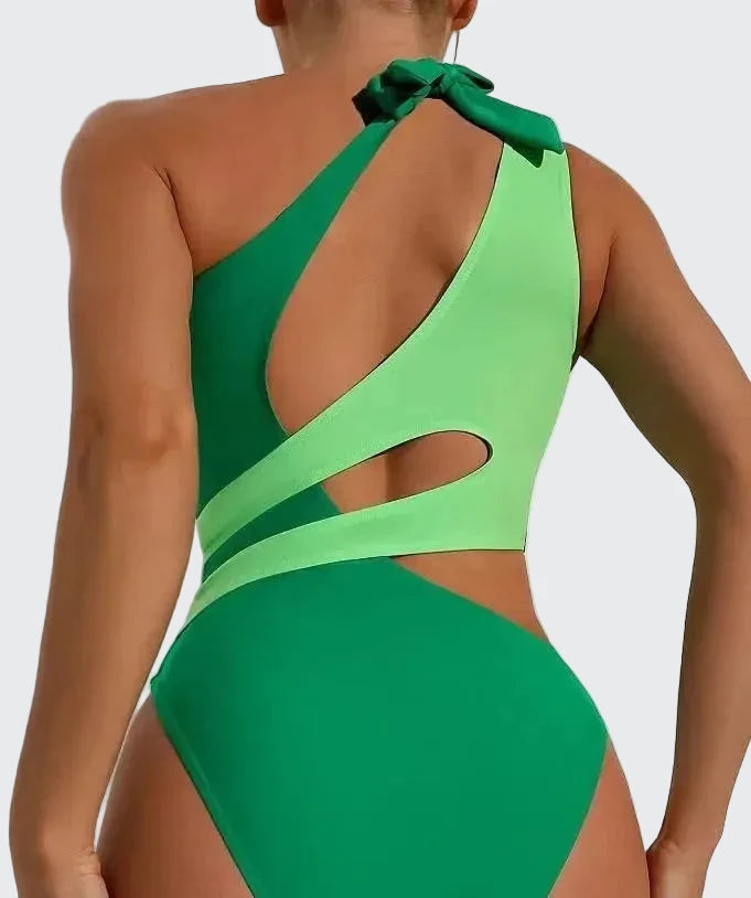 🍒One-piece swimsuit colour block collision single shoulder bathing suit strap design high eastic backless swimwear type european style swimming costume with tie straps  SHOREly CHIC
