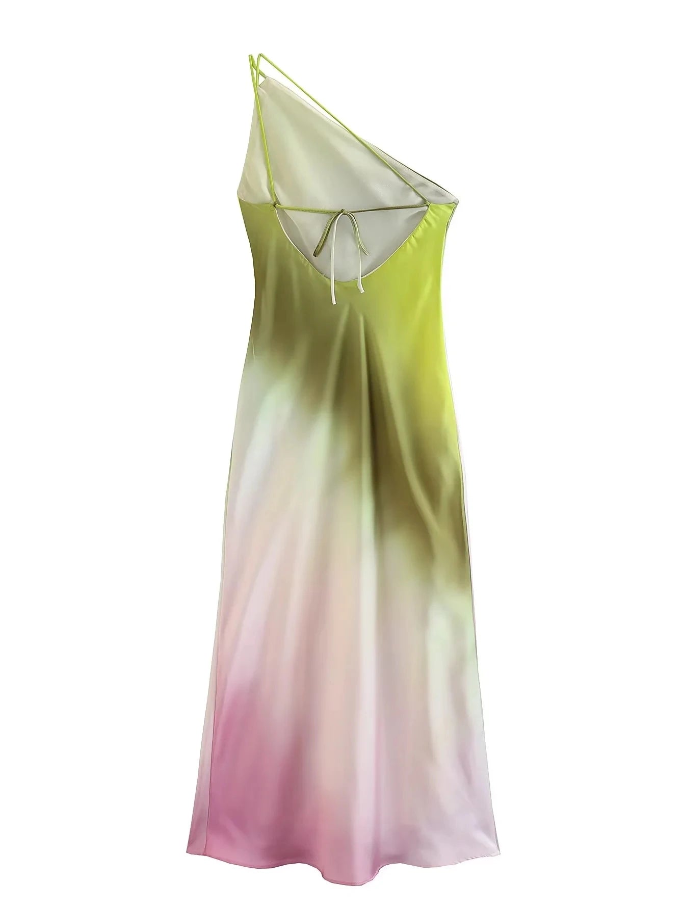 🍒Summer party maxi dress backless satin one shoulder occasion party wear sundress sleeveless print tie-dye outfit Keep A Straight Pose In This Cool Diagonal