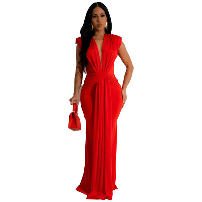 🍒Womens deep v maxi dress  long  sleeveless solid bodycon fitted waist outfit dressy drape colourful evening wear Spend A Colourful HOUR With A GLASS