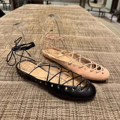 🍒Cross tie shoe round toe sandals open back  european and american niche light luxury cross tie round toe roman Sandals women's ballet shoes with medium heel shoes smart casual footwear for occasion party footwear Tick This Tie cross