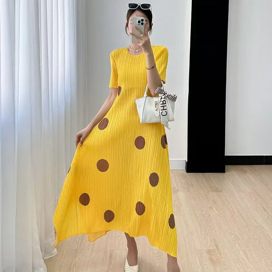 🍒Womens pleated dress summer smart casual ladies' high waist outfit with polka dots irregular fashion loose waist dress Dainty Dressy Dots