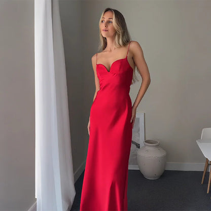 🍒Satin halter dress maxi spaghetti straps sweet heart sleeveless dress red backless  outfit for evening party wear occasion clothing red Satin Passion Fashion