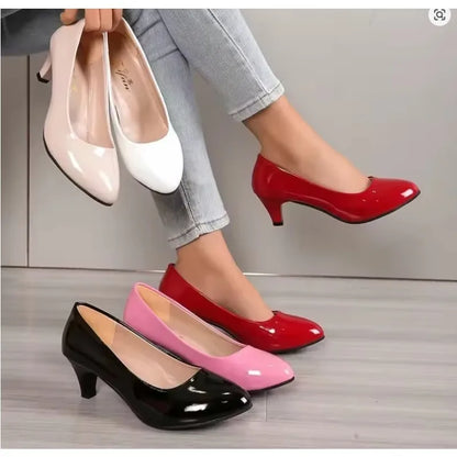 🍒Women pumps shoes pu easy simple slip-on high heels for women wedding shoes low heel footwear for evening gown size 34-42   occasion footwear for office Foot hold Fashion Footwear