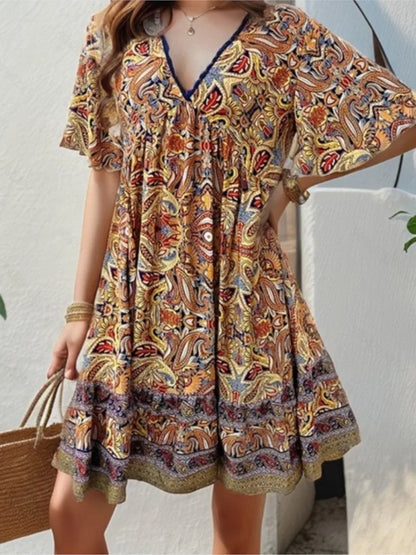 🍒Summer boho floral dress printed outfit for women fashion outfit v-neck short sleeve holiday wear casual loose clothing beach wear Boho Beau Boo