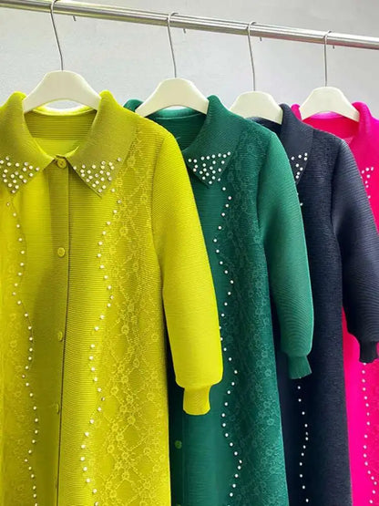 🍒Pleated dress for women spring  high-end occasion wear lapel coat outfit loose beaded long sleeve maxi elastic female fashion 6R5109