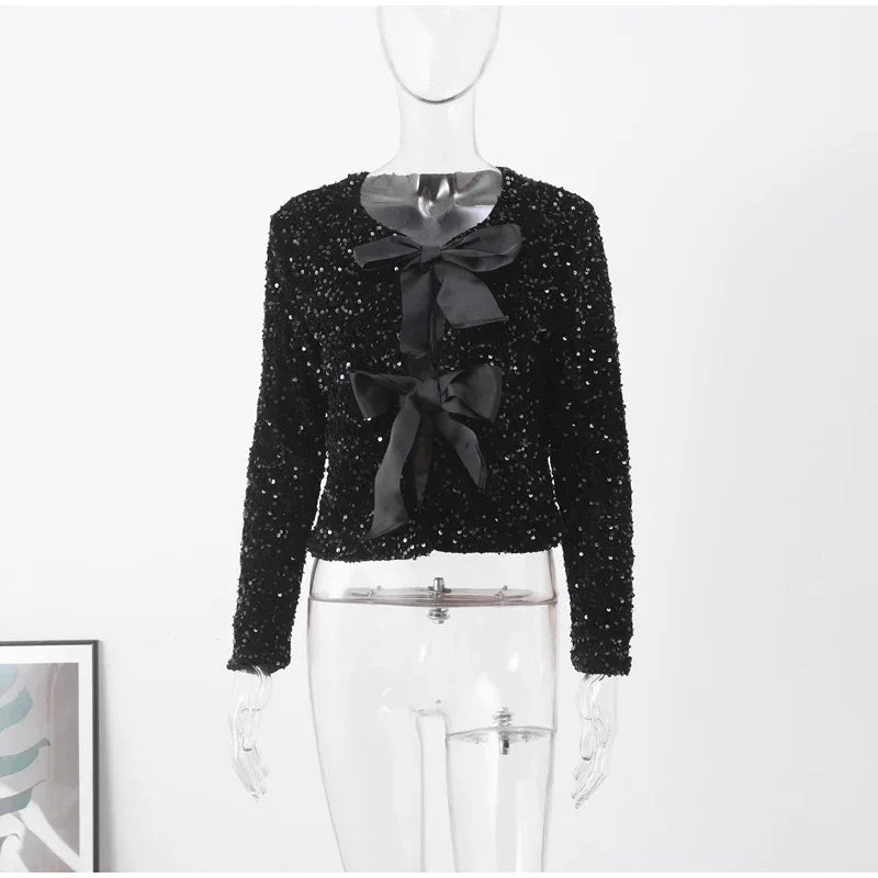 🍒Bow tie sequin dress for women long sleeve shiny mini dress female chic backless evening party dress with back bow crop sequin jacket long sleeve with satin bow front  occasion party wear