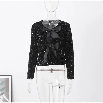 🍒Bow tie sequin dress for women long sleeve shiny mini dress female chic backless evening party dress with back bow crop sequin jacket long sleeve with satin bow front  occasion party wear