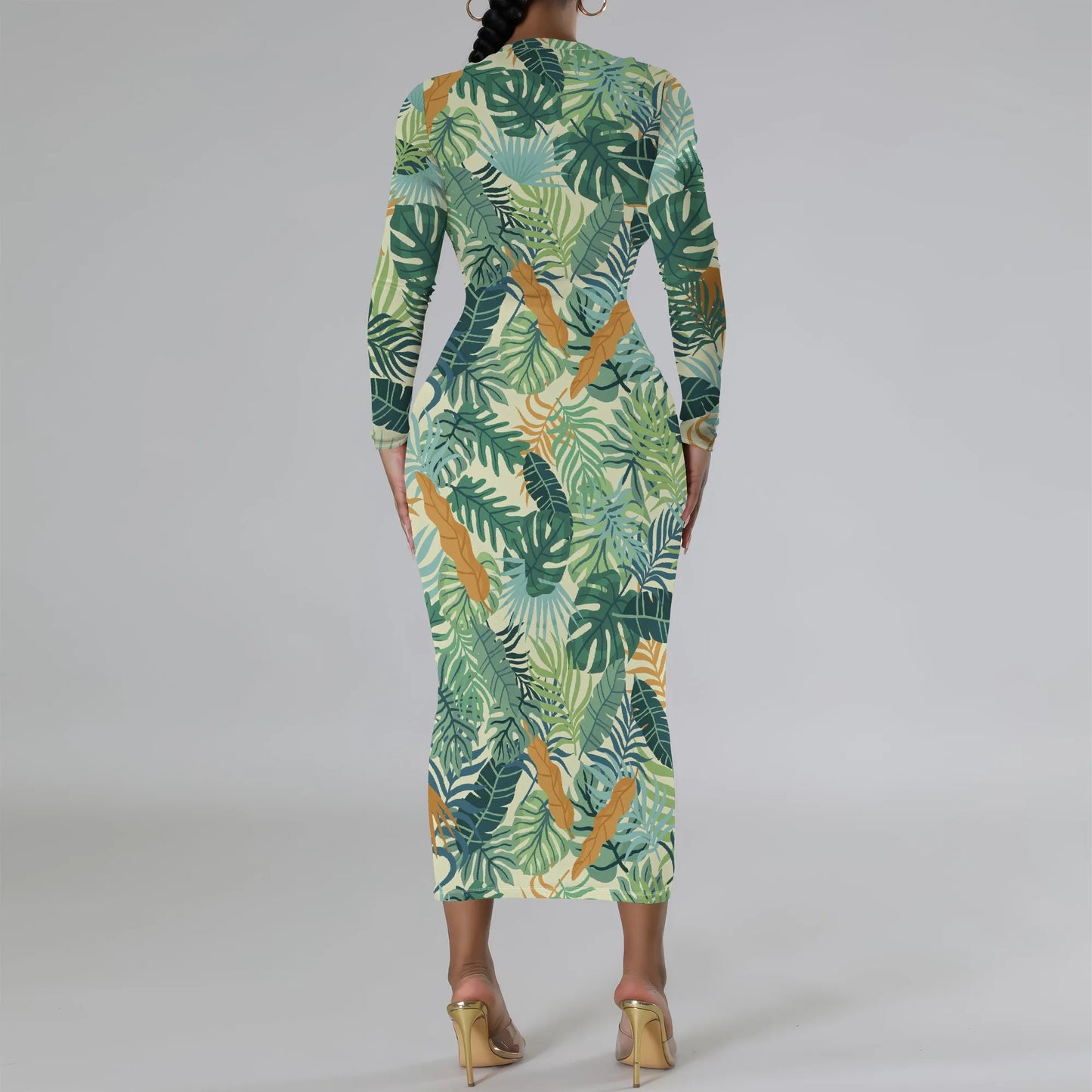 🍒Floral print dresses for women o -neck long sleeve fashion  stretchy summer clothes fitted bodycon midi smart casual You Won't Want To Leaf This Dress Alone