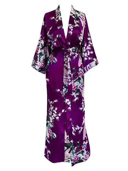 🍒Satin robe women plus size  with flowers peacock print kimono lounge gowns for women bride bridesmaid wedding bathrobe silky nighrwear Sittin' Satin Style