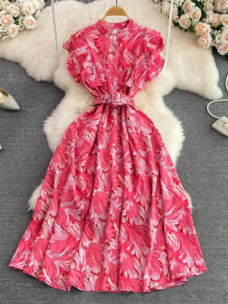 🍒 Printed midi dress high waist sleeveless a-line outfits elegant stand collar ruffle smart casual summer feminine fashion style Dont LEAF-e This In Your Basket Get This And You Will Be SKY High With Happiness