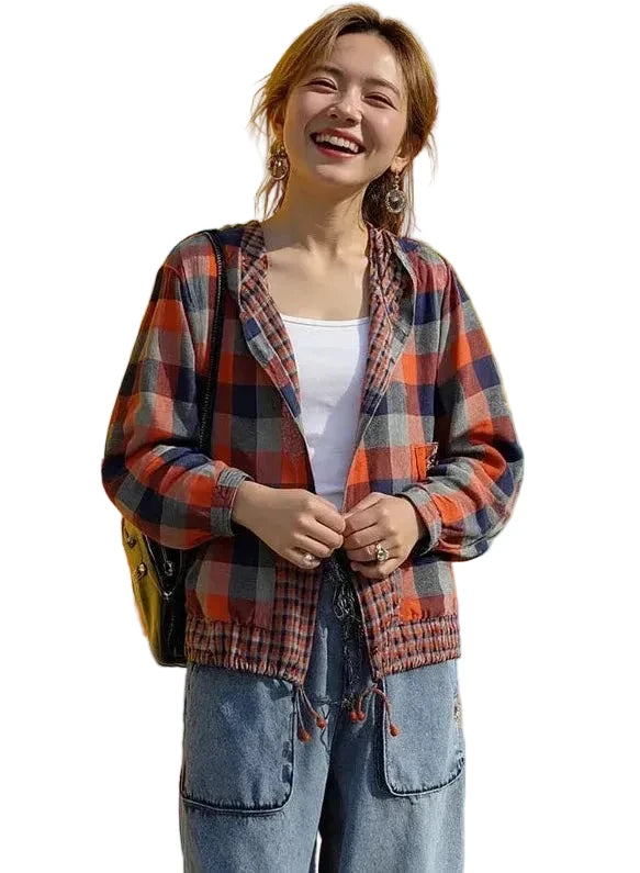 🍒Plaid pocket hood jacket top shirts check blouses spring summer fashion casual wear women check clothing outdoor style cheeky chic check