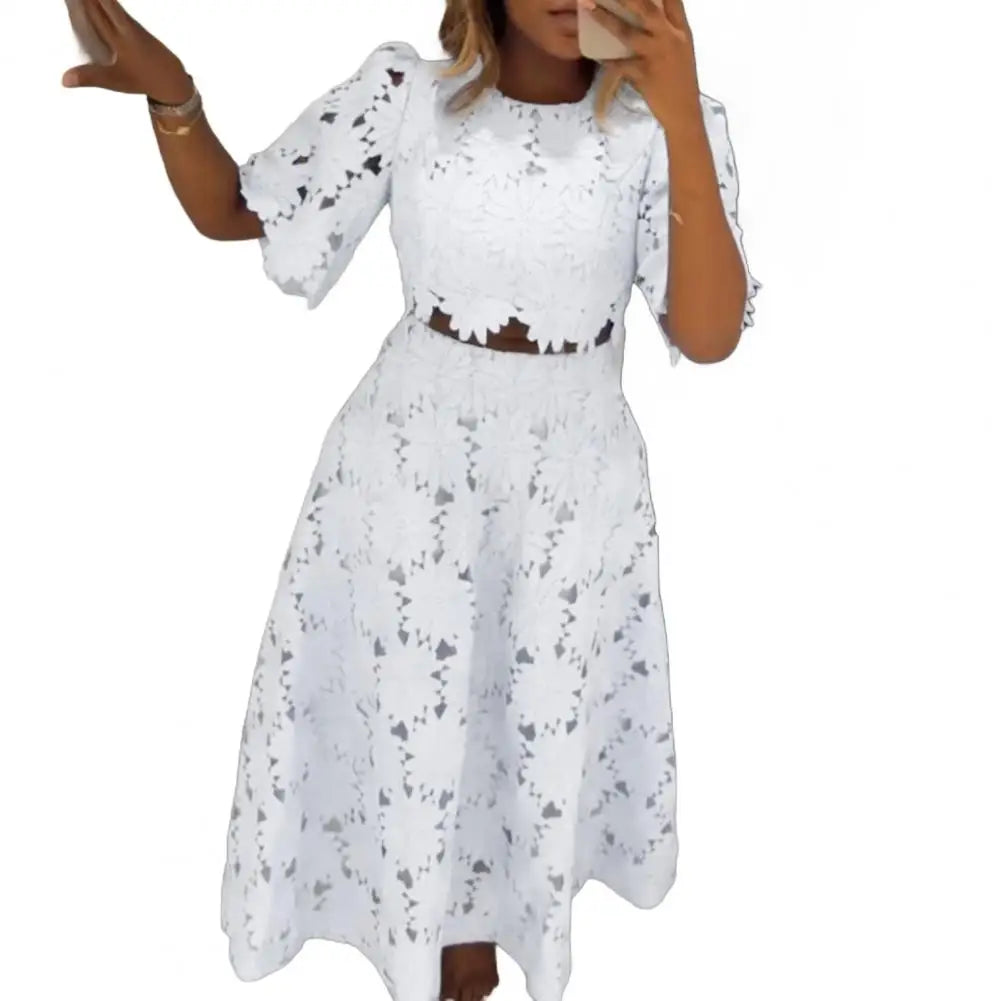 🍒Women's 2 Piece skirt set lace flower top and matching skirt smart casual outfits for women short sleeve round neck top and high waisted maxi skirt summer vacation clothing Get Laced In Colour