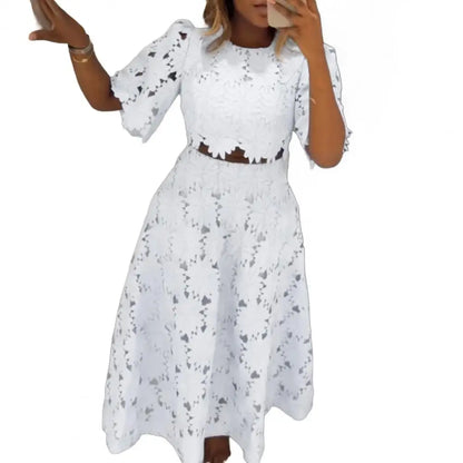 🍒Women's 2 Piece skirt set lace flower top and matching skirt smart casual outfits for women short sleeve round neck top and high waisted maxi skirt summer vacation clothing Get Laced In Colour
