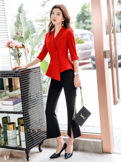 🍒Red 2 piece womens suit fashion skirt set business wear office workwear light blazers for women half sleeve top and mini skirt Berry Beautiful