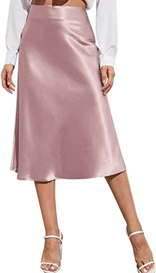 🍒Satin high waist midi skirt solid color a line skirt silky elegant fashion party wear smart casual clothing for women Shine In Satin