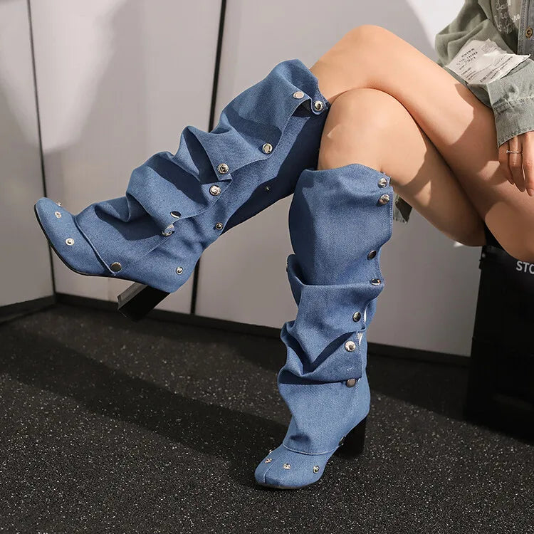 🍒Denim boots for Women blue multi snap-fastener pleated shoes with zip wide calf length boots winter footwear Cute Cowboy