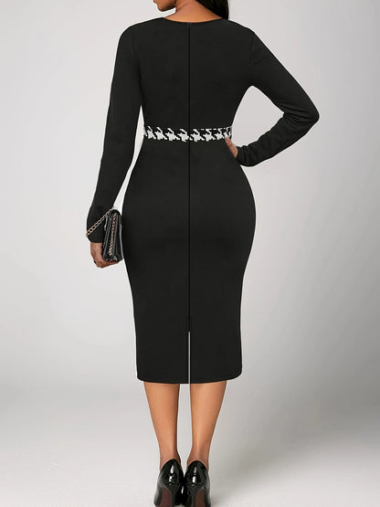 🍒Herringbone dress colour contrast printed elegant monochrome outfits long-sleeved OL Commuter office wear clothes for women bodycon plus size Get On The BONE For A HERRING