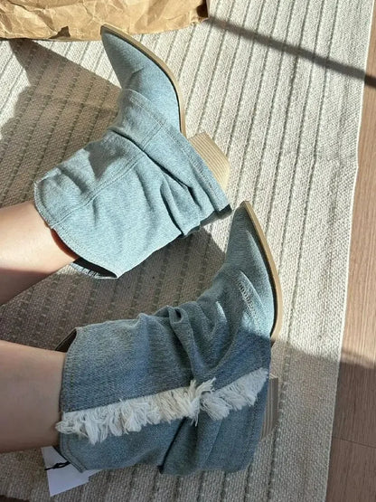 🍒Pointy toe ankle boots blue denim canvas shoes casual cloth booties for women comfortable western boots Cool Cowboy