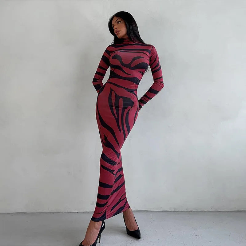 🍒Red striped long dress womens bodycon turtle neck zebra print mesh outfit clubwear party occasion wear clothing                       Catwalk Your Tiger