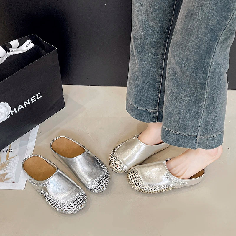 🍒Versatile sandals womens pumps shoes casual slippers for women party wear summer round toe summer shoes Slip Into Silver Sliders