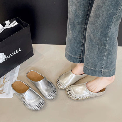 🍒Versatile sandals womens pumps shoes casual slippers for women party wear summer round toe summer shoes Slip Into Silver Sliders