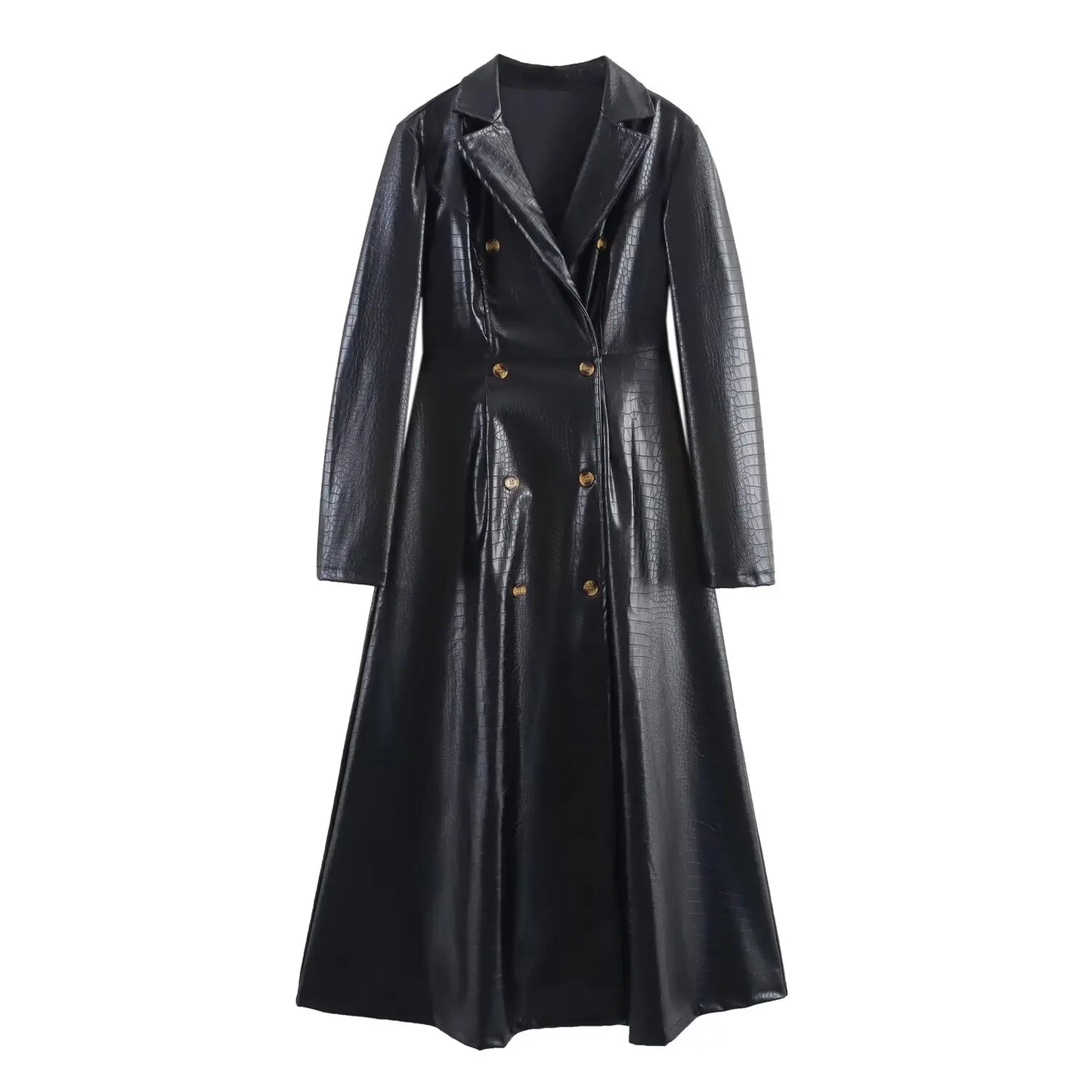 🍒Extra long faux leather trench coat vintage maxi luxury pu double breasted black designer outerwear clothing smart casual Crocodile Style