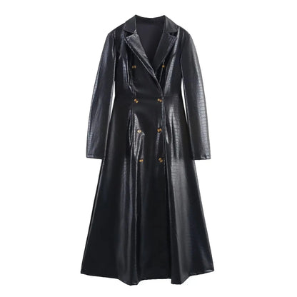 🍒Extra long faux leather trench coat vintage maxi luxury pu double breasted black designer outerwear clothing smart casual Crocodile Style