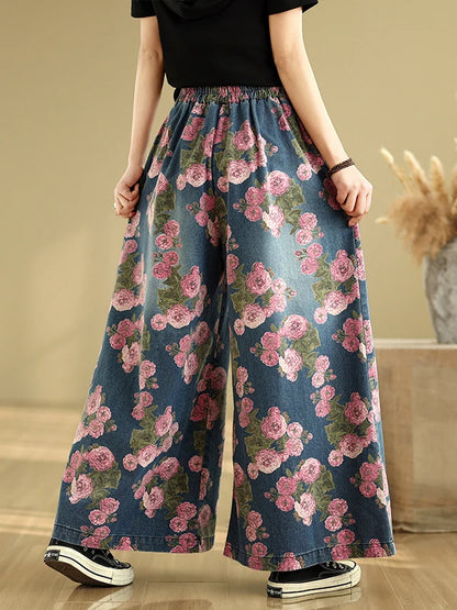 🍒Wide leg jeans loose elastic high waisted printed denim jeans for women summer wide leg trousers ladies Jeans plus size Toss On Your Tough Petals