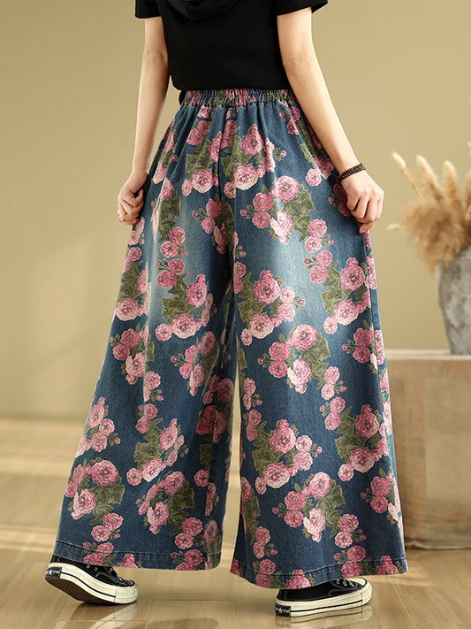 🍒Wide leg jeans loose elastic high waisted printed denim jeans for women summer wide leg trousers ladies Jeans plus size Toss On Your Tough Petals