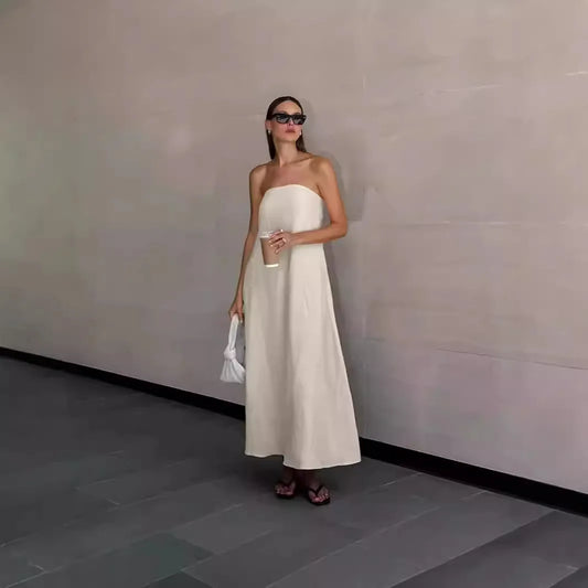 🍒French cotton dresses linen holiday clothes strapless outfits high waist backless summer clothing long dress for women maxi fashion Ladies Line Up For Your linen