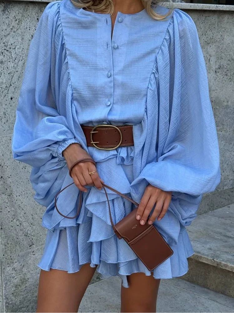 🍒Round neck long sleeve mini dress layered with skirt elegant solid clothes for women ruffle outfit single-breasted chic highstreet clothing Puff Ruffle Summer Sugar Stuff