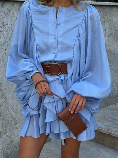 🍒Round neck long sleeve mini dress layered with skirt elegant solid clothes for women ruffle outfit single-breasted chic highstreet clothing Puff Ruffle Summer Sugar Stuff