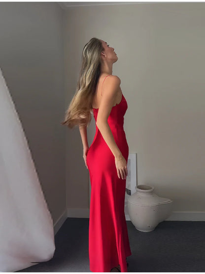 🍒Satin halter dress maxi spaghetti straps sweet heart sleeveless dress red backless  outfit for evening party wear occasion clothing red Satin Passion Fashion