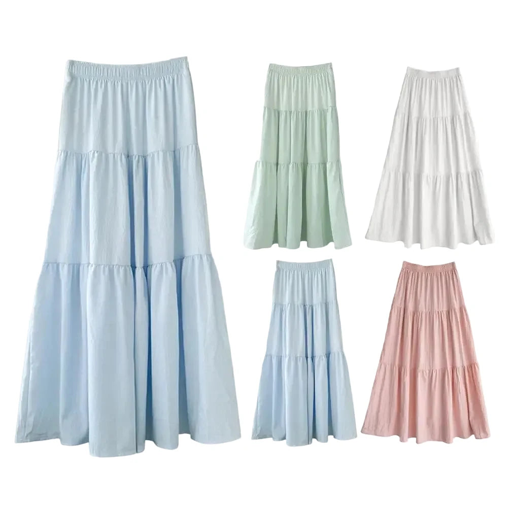 🍒High waist elastic maxi skirt long teired with ruffle stitching solid colour a-Line smart casual fashion for women clothing for all seasons A+ For This A-line